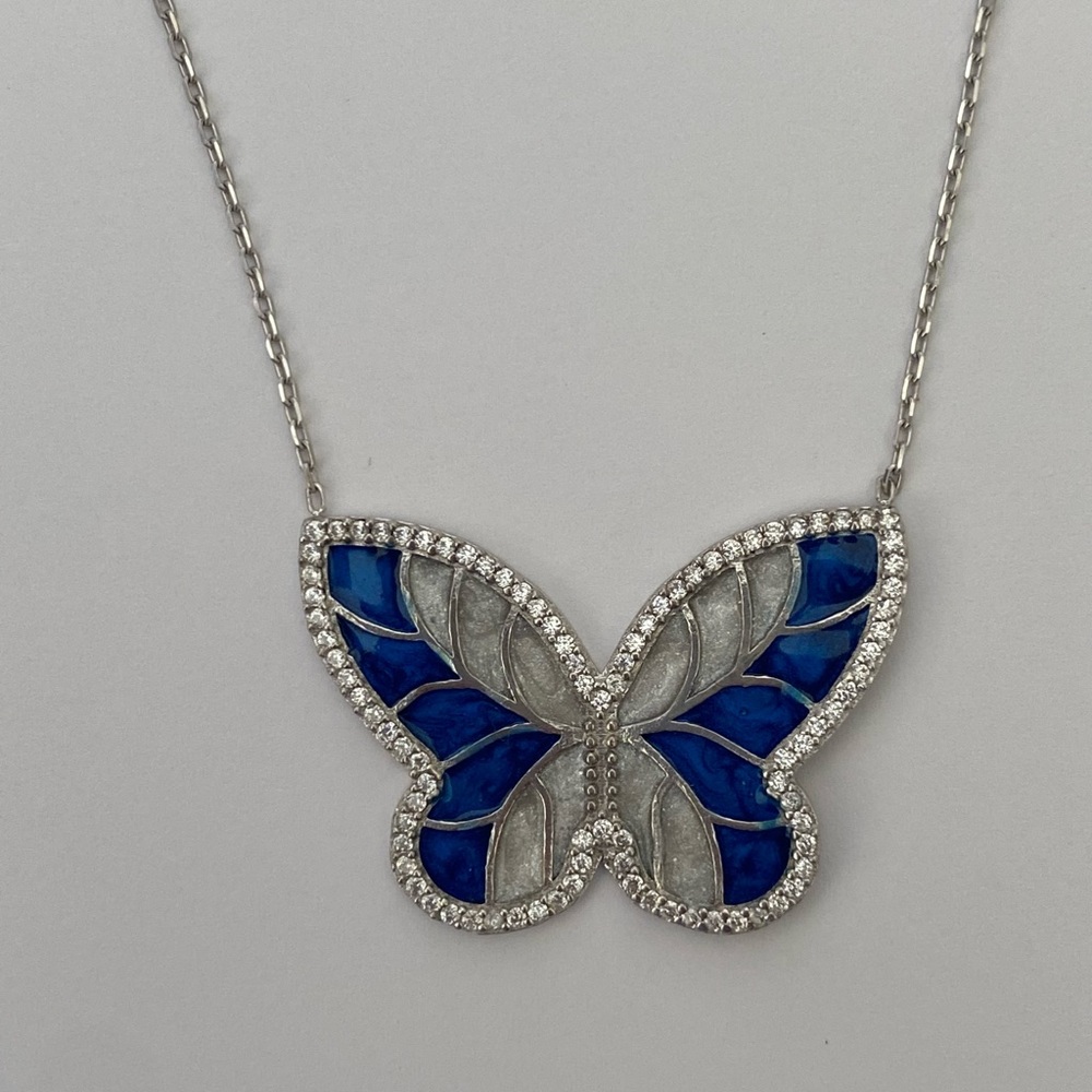 🦋925 Silver butterfly necklace cz blue handmade enamel